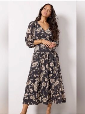 Z Supply Adelina Ari Floral Midi Dress Black Parchment Puff Sleeve Size S